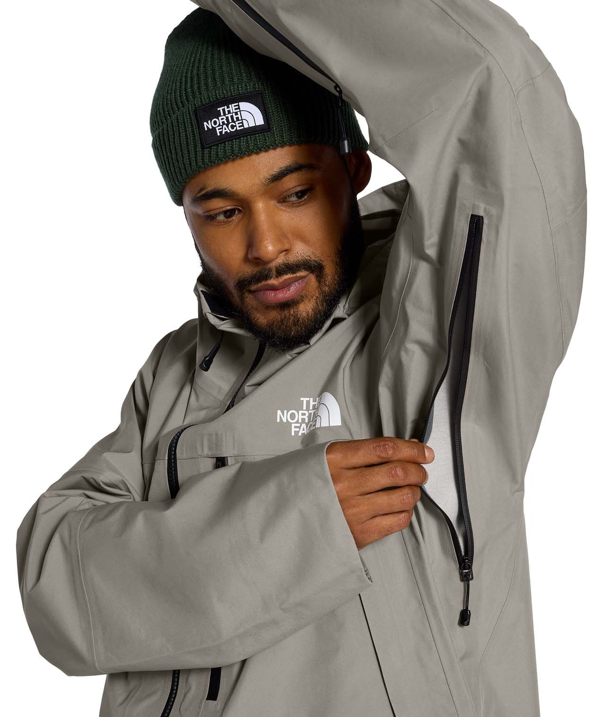 MSummitVerbierGTXJacket- Beige hooded jacket with North Face logo on white background