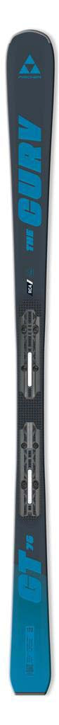 MTHECURVGT76_RSW10PR-A single ski shown vertically against a plain white background, with a dark gray body and bright blue branding and base graphics.