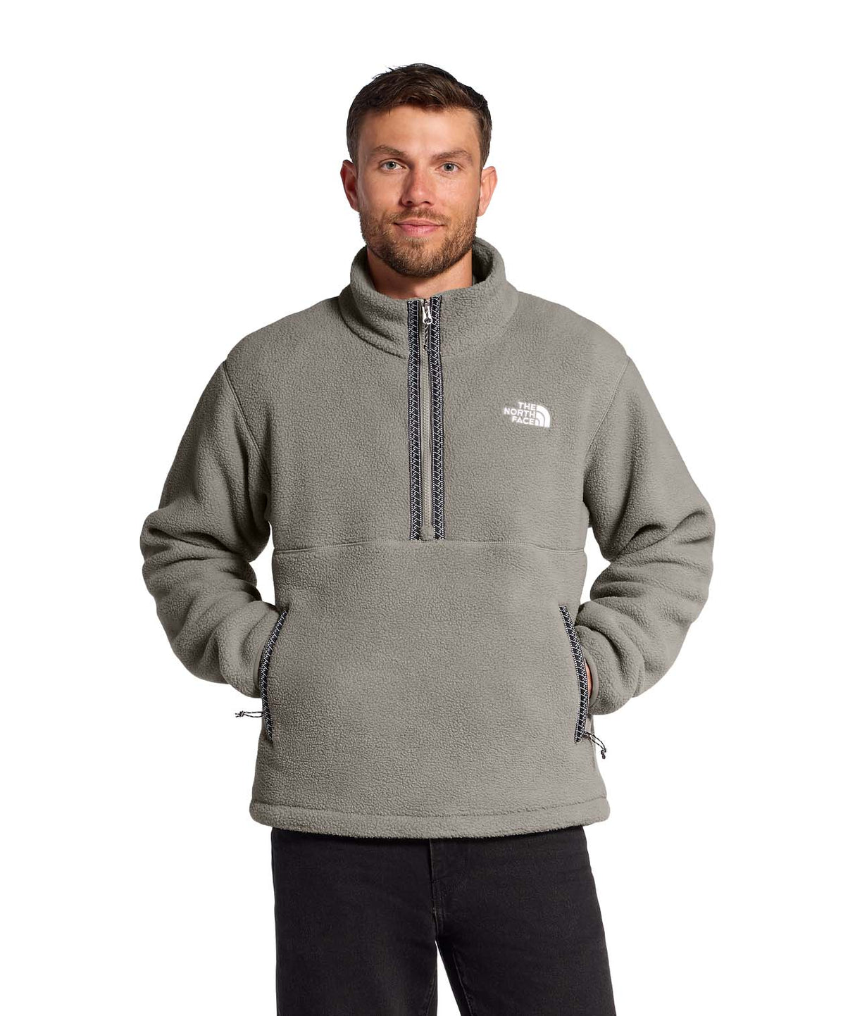 MTNFFleeski1_4ZipPullover-Man wearing a beige fleece pullover with a brand logo on a white background