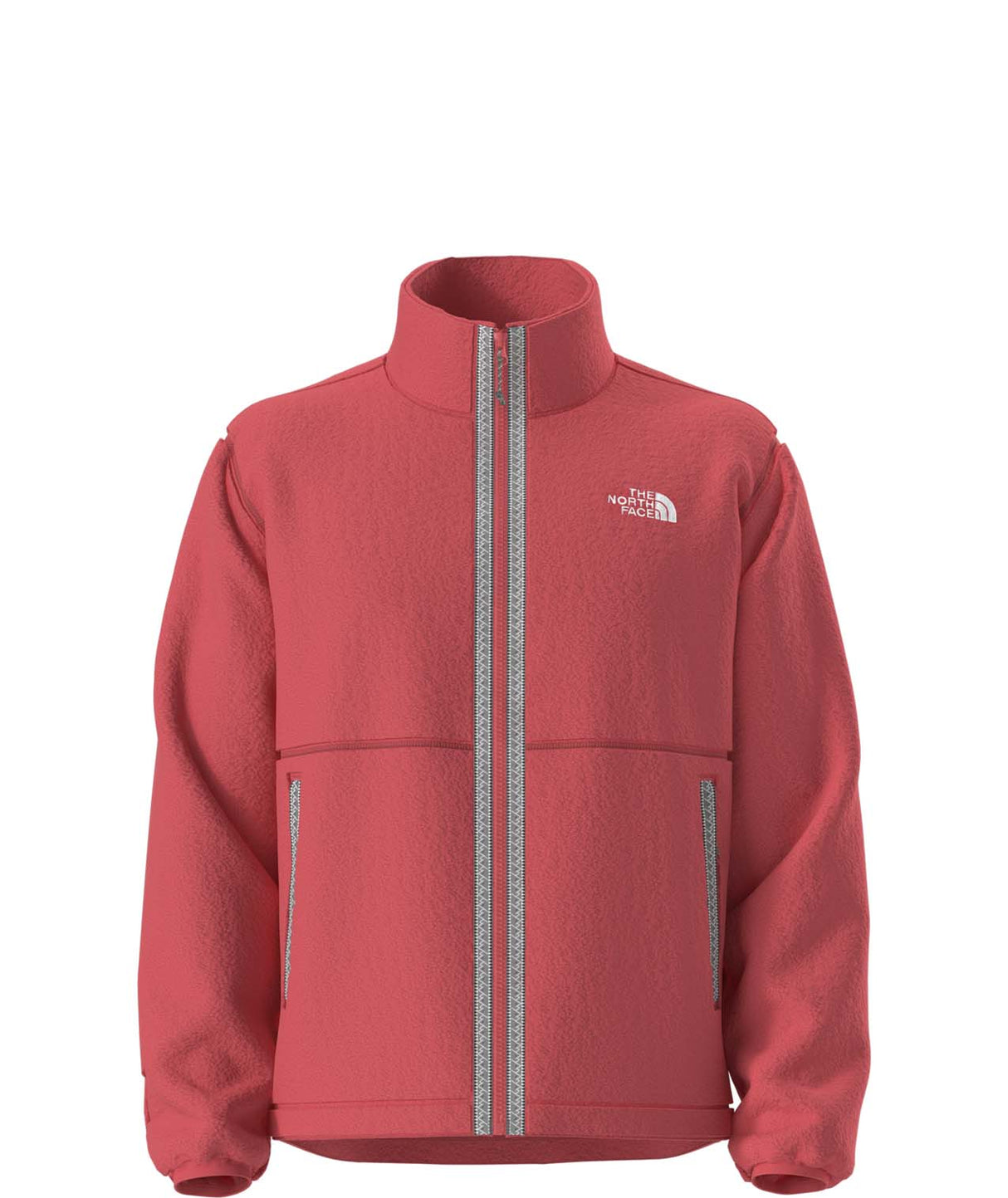 MTNFFleeskiFullZipJacket-Red jacket with beige stripes on either side of the zipper on a white background