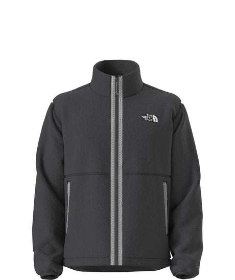 MTNFFleeskiFullZipJacket-Black jacket with beige stripes on either side of the zipper on a white background