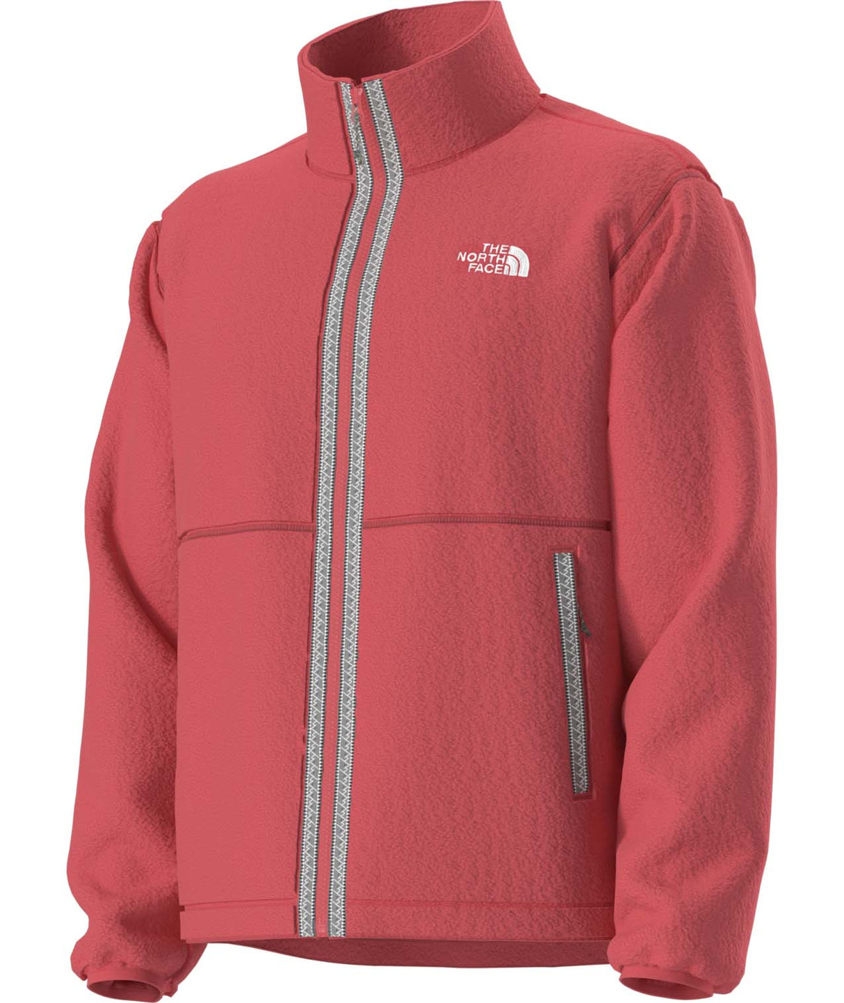 MTNFFleeskiFullZipJacket-Red jacket with beige stripes on either side of the zipper on a white background
