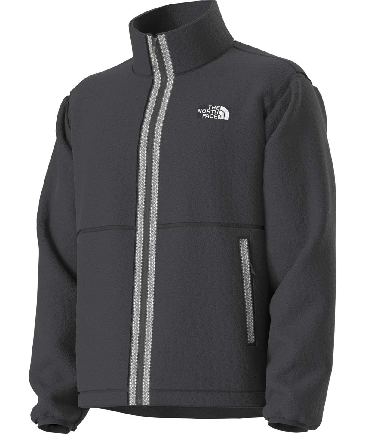 MTNFFleeskiFullZipJacket-Black jacket with beige stripes on either side of the zipper on a white background
