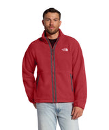 MTNFFleeskiFullZipJacket- Man wearing a red jacket with beige stripes on either side of the zipper on a white background