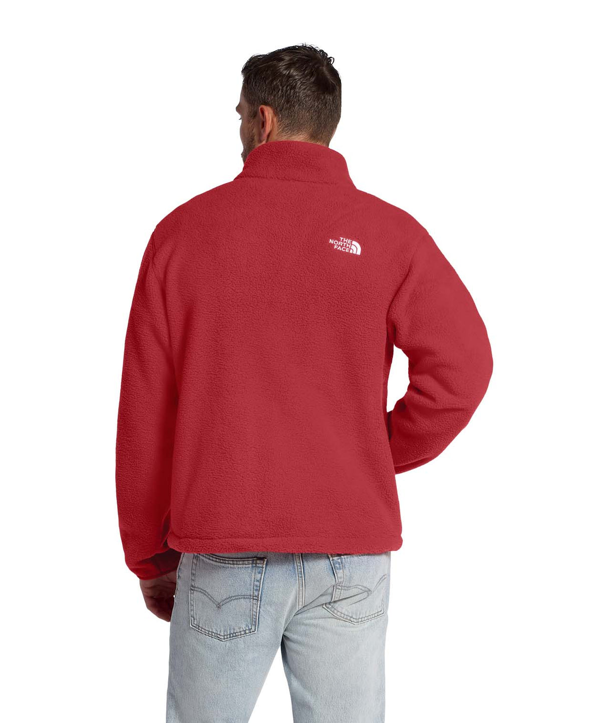 MTNFFleeskiFullZipJacket- Man wearing a red jacket with beige stripes on either side of the zipper on a white background