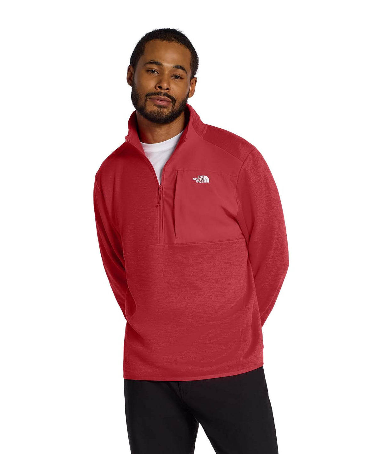 MTNFPerformanceFleece1_4Zip-Man wearing a red pullover with a brand logo on a white background
