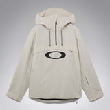 MTimberlineShellAnorak-An off-white hooded anorak jacket with a large black Oakley logo on the chest, displayed against a neutral gray gradient background.