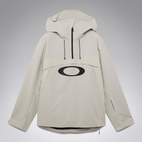 MTimberlineShellAnorak-An off-white hooded anorak jacket with a large black Oakley logo on the chest, displayed against a neutral gray gradient background.