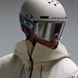 MTimberlineShellAnorak-An off-white hooded anorak jacket with a large black Oakley logo on the chest, displayed against a neutral gray gradient background.