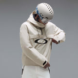 MTimberlineShellAnorak-An off-white hooded anorak jacket with a large black Oakley logo on the chest, displayed against a neutral gray gradient background.