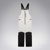 MTimberlineShellBib-A white and black technical snow bib with adjustable shoulder straps, a front zipper, and reinforced lower leg panels, shown against a neutral gray gradient background.