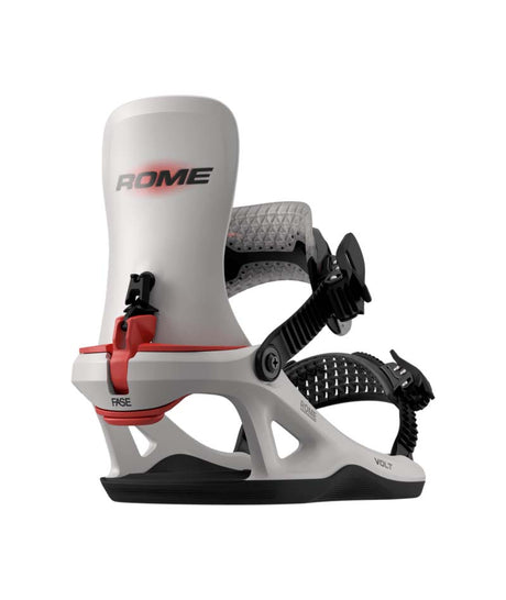 MVoltFase-White snowboard binding with red accents on a white background