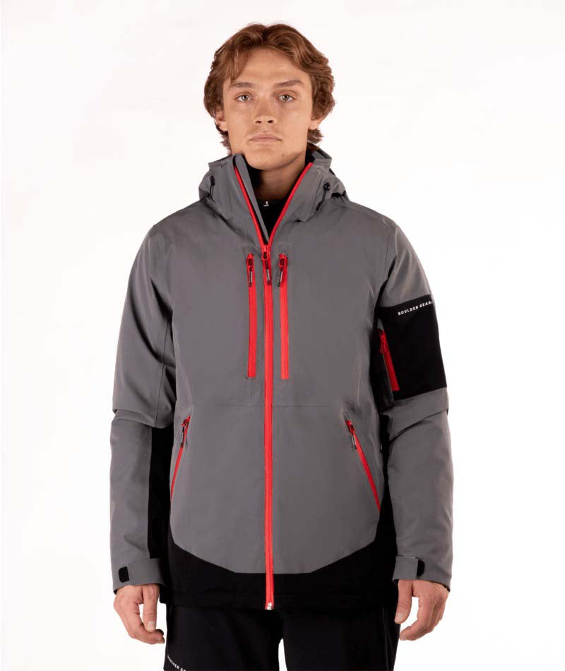 MVoltTechJacket-Man wearing a gray jacket with red zippers on a white background