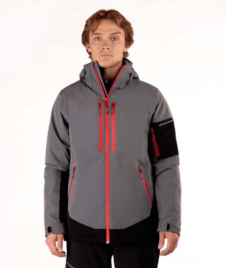 MVoltTechJacket-Man wearing a gray jacket with red zippers on a white background