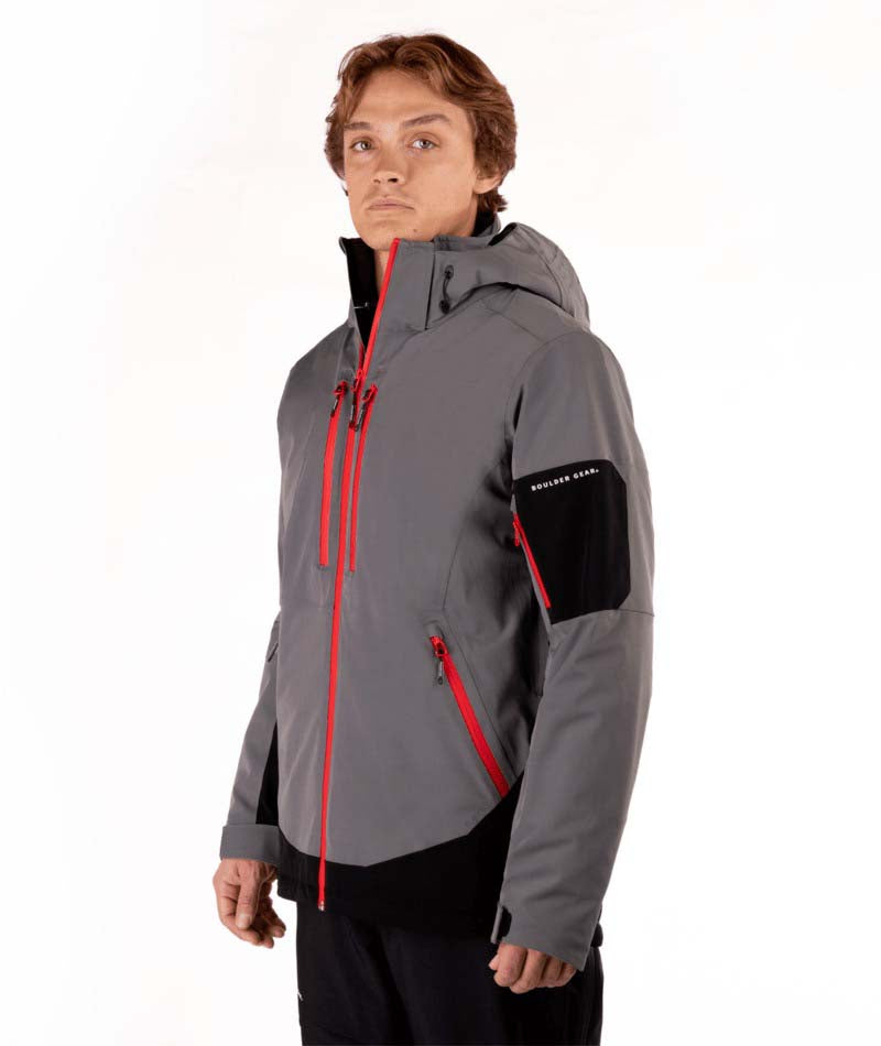 MVoltTechJacket-Man wearing a gray jacket with red zippers on a white background
