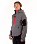 MVoltTechJacket-Man wearing a gray jacket with red zippers on a white background