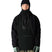 MWaterproofHoody-A model wearing a black hooded jacket with a high neck, black beanie, black gloves, and camouflage pants, shown against a plain white background.