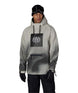 MWaterproofHoody-A man modeling a light gray and black 686 hooded snow jacket with a black chest logo, black pants, black gloves, and a black beanie with goggles, set against a plain white background.