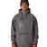 MWaterproofHoody-A man wearing a gray hooded jacket with a tonal chest logo, a front zippered pocket, and a black beanie, photographed against a plain white background.