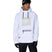 MWaterproofHoody-A man wearing a white hooded snowboard jacket with a beige square chest graphic, black drawstrings, and a black zipper pocket, paired with black pants, gloves, and a black beanie with goggles, against a plain white background.