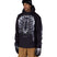 MWaterproofHoody-A man wearing a black hooded jacket with a large white skeleton ribcage graphic on the front, black gloves, and tan pants, photographed against a plain white studio background.