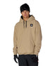 MWaterproofTeamHoody-Person wearing a beige hoodie with a logo, black beanie, and gloves on a white background