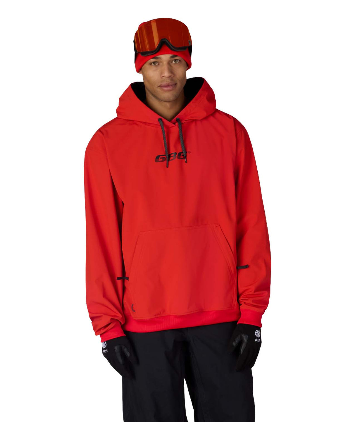 MWaterproofTeamHoody-Person wearing a red hoodie and goggles on a white background