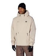 MWindstopperPulloverHoody-Person wearing a beige hooded jacket with a logo on a white background