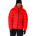 MWindstopperUnionDownPufferJacket- person wearing a red puffer hooded jacket with black zippers and a black union label on the top right shoulder on a white background 