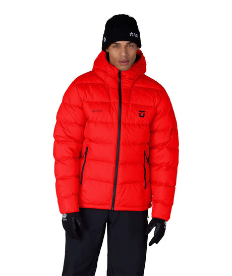 MWindstopperUnionDownPufferJacket- person wearing a red puffer hooded jacket with black zippers and a black union label on the top right shoulder on a white background 