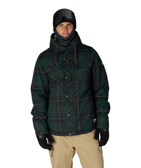 MWoodlandInsulatedJacket-Person wearing a green plaid jacket with a white background