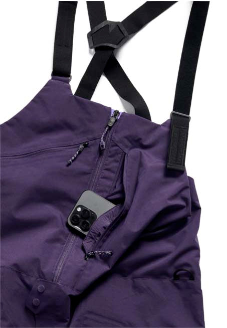 M_ak_CyclicGORE-TEX2LBibPants-Purple snow pants with suspenders on a white background