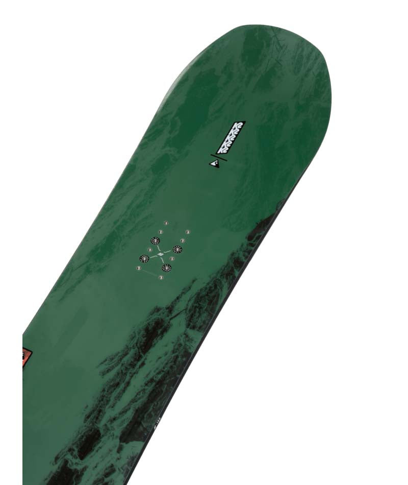 Manifest- Green, black, and red snowboard on a white background