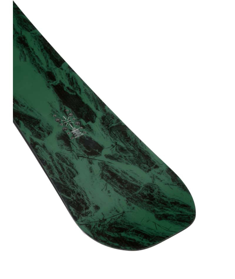 Manifest- Green, black, and red snowboard on a white background