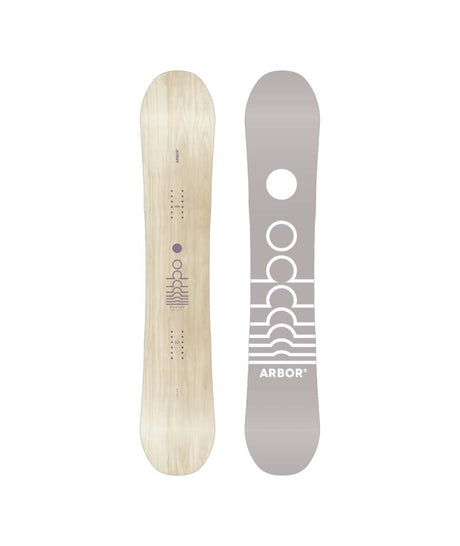 Mantra- Two views of a snowboard, one side light wood color and the other (base) grey and white on a white background