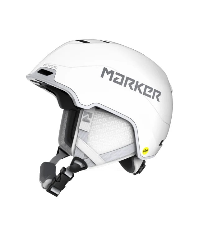 MarkerAmpire2AdultHelmet-A white Marker ski helmet with a gray logo on the side, featuring a white and gray interior padding and a small yellow sticker on the lower right side, shown against a plain white background.