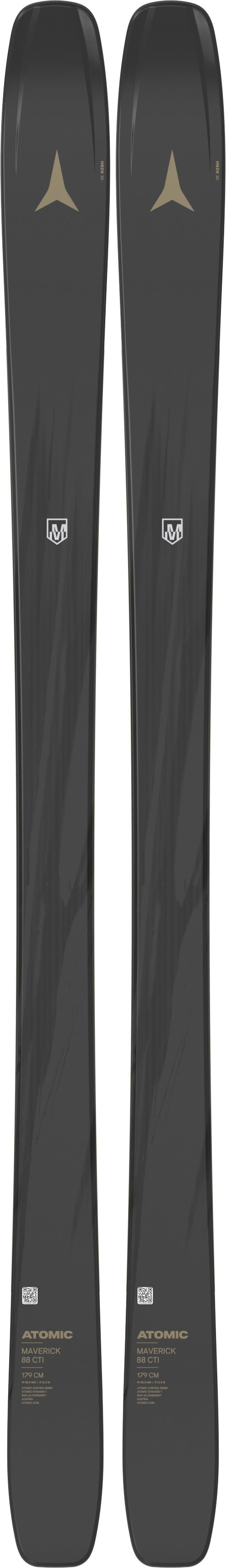 Maverick88CTI- Two black skis with gold branding on a white background
