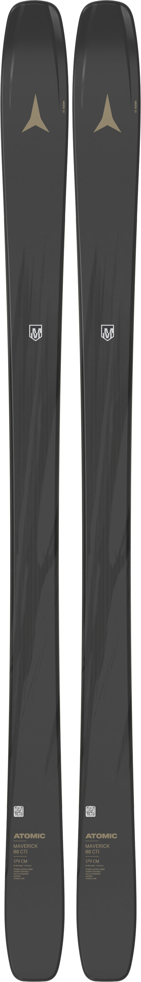 Maverick88CTI- Two black skis with gold branding on a white background