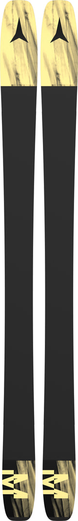 Maverick96CTI-Two black skis with gold bindings on a white background