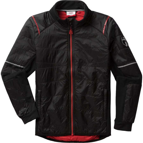 MayenKidsQuiltedJacket- A black zip-up puffer jacket with red zipper accents, a red interior lining, and reflective silver stripes on the sleeves, shown against a plain white background.