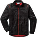 MayenKidsQuiltedJacket- A black zip-up puffer jacket with red zipper accents, a red interior lining, and reflective silver stripes on the sleeves, shown against a plain white background.