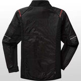 MayenKidsQuiltedJacket- A black zip-up puffer jacket with red zipper accents, a red interior lining, and reflective silver stripes on the sleeves, shown against a plain white background.