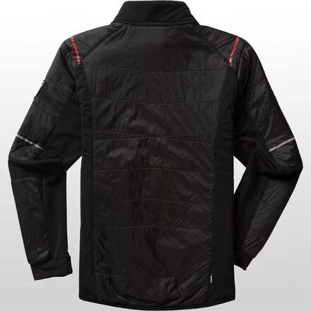 MayenKidsQuiltedJacket- A black zip-up puffer jacket with red zipper accents, a red interior lining, and reflective silver stripes on the sleeves, shown against a plain white background.