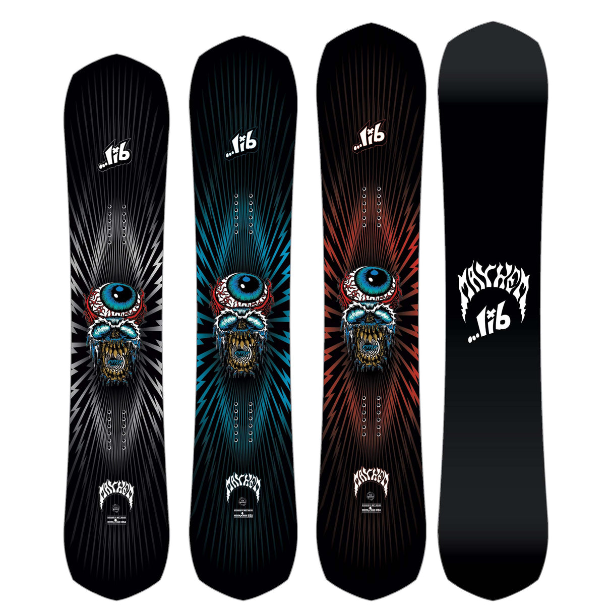 MayhemRipper- Black snowboard with a unique design on a white background