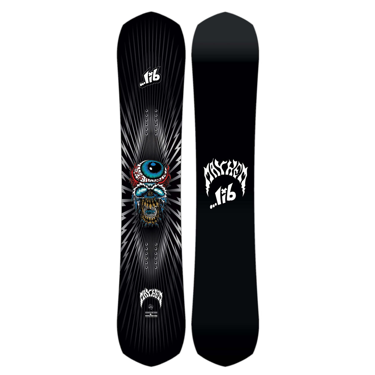 MayhemRipper- Black snowboard with a unique design on a white background