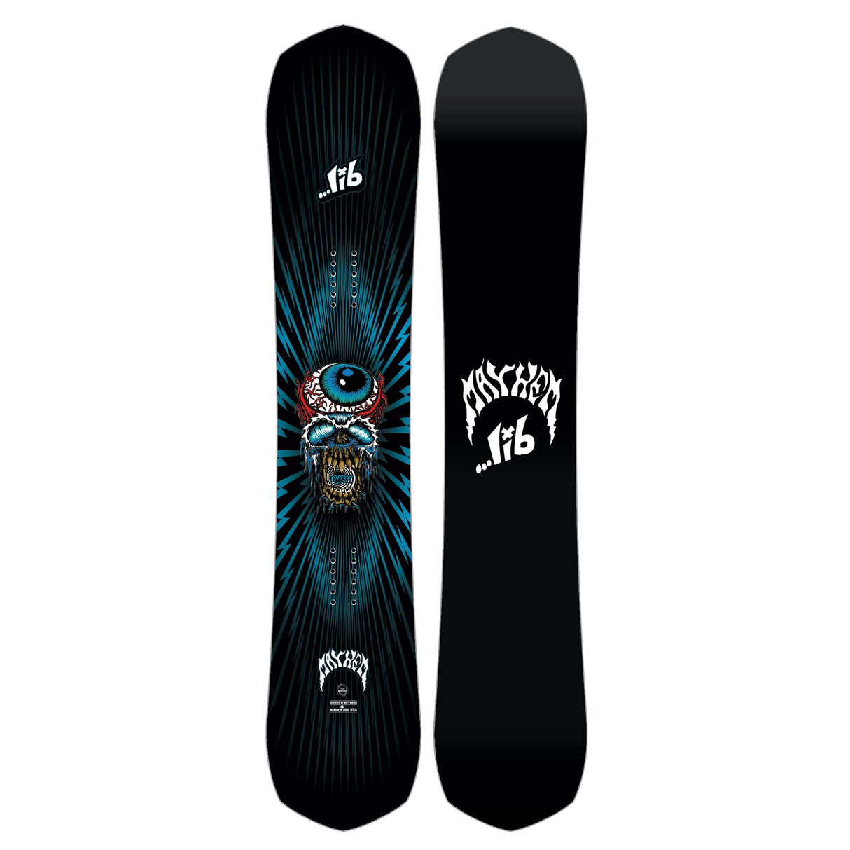 MayhemRipper- Black snowboard with a unique design on a white background