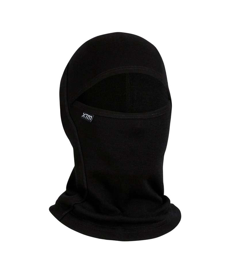 MerinoKidsBalaclava-A black fleece balaclava hood with a small white 'xtm' logo on the side, shown against a plain white background.