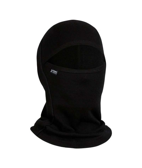 MerinoKidsBalaclava-A black fleece balaclava hood with a small white 'xtm' logo on the side, shown against a plain white background.