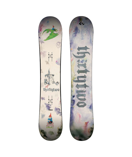 MiddleEarthPro- Two views of a snowboard deck with 'thirtytwo' branding on a white background