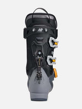 Mindbender100BOA- A K2 Mindbender ski boot in gray and black with yellow accents, shown from a side profile on a light gray background.